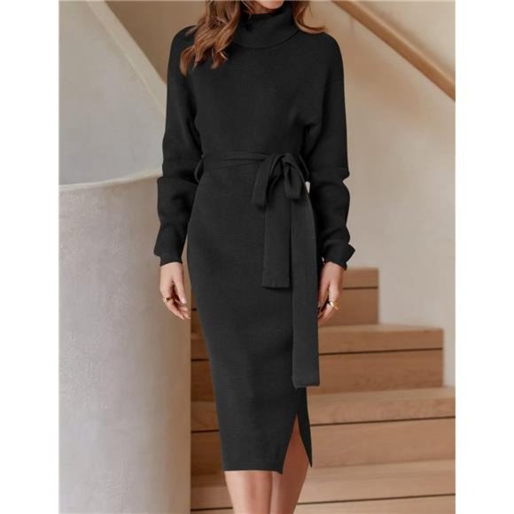 Women's Turtleneck Sweater Midi Dress Long Sleeve Ribbed Knit Bodycon Slit Dress - Picture 4 of 6